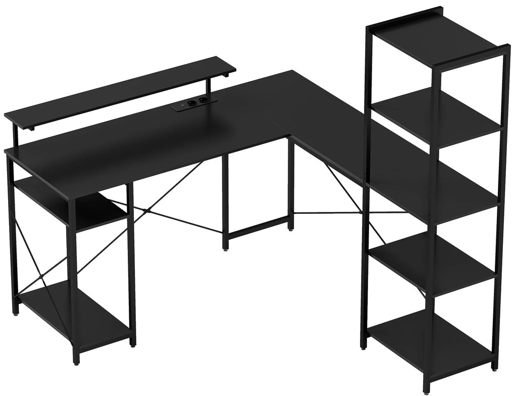 HOMCOM Birou în formă de L cu Stație de Încărcare, Birou de colț pentru calculator cu Suport pentru Monitor și Rafturi, pentru biroul acasă, birou, Negru | Aosom Romania