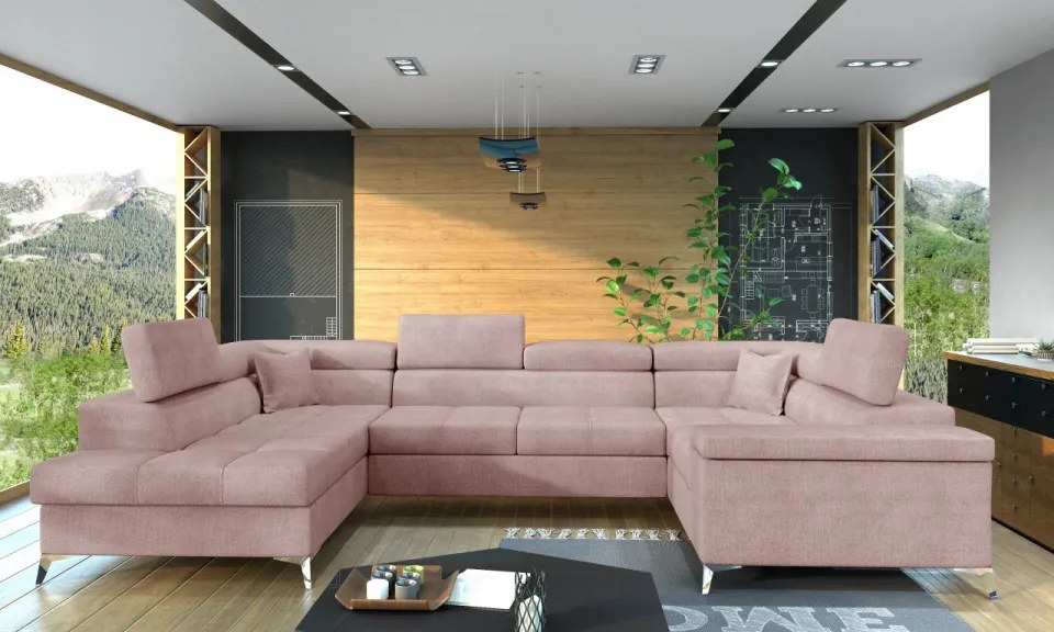 Canapea modulara, tapitata, extensibila, cu spatiu pentru depozitare, Thiago L02, Eltap (Culoare: Roz deschis / Alb)
