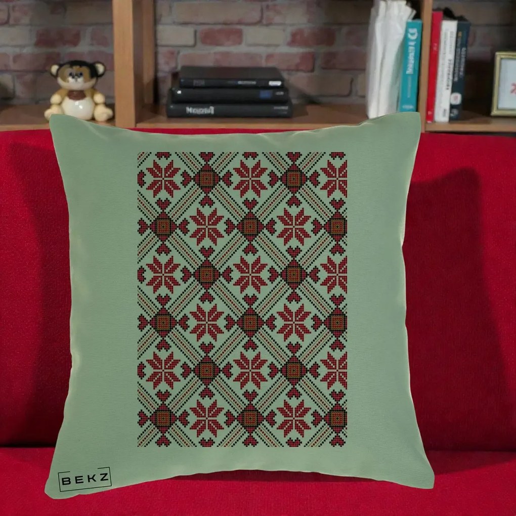 Perna Personalizata Motiv Traditional Ie Romaneasca Rosu, 40x40 cm, Verde, Husa Detasabila, Perna Inclusa, BEKZ®