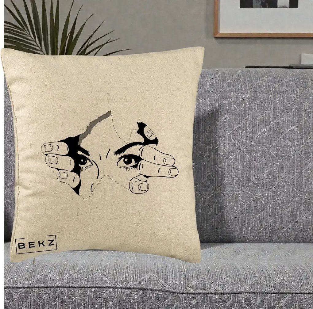 Perna Decorativa Ochi care Rup Suprafata, 40x40 cm, Bej, Husa Detasabila, Perna Inclusa, BEKZ®