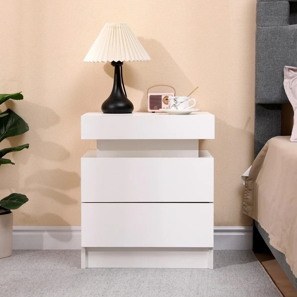 Noptieră cu 2 sertare, iluminare LED in 3 culori, Alb, 45x35x52 cm