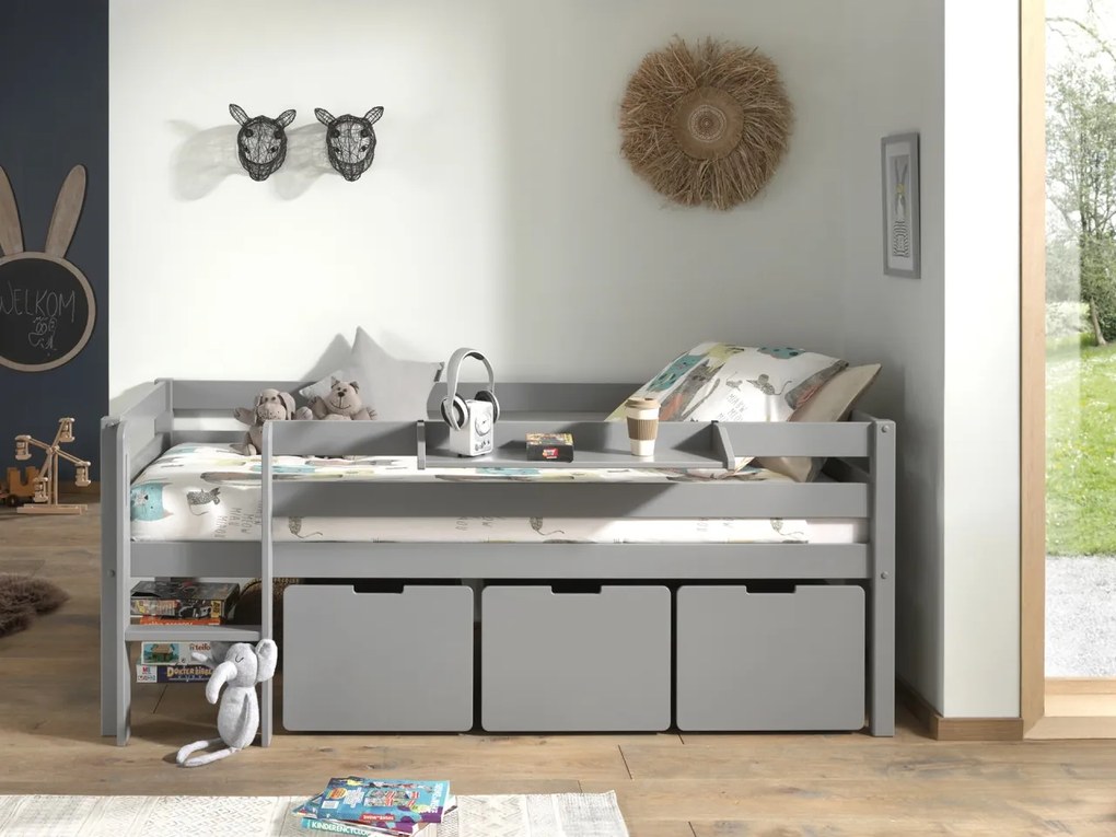 Dormitor Pino GRI 90x200 cm – Confort și ordine cu scară, 3 sertare & raft suspendat | Gama PINO
