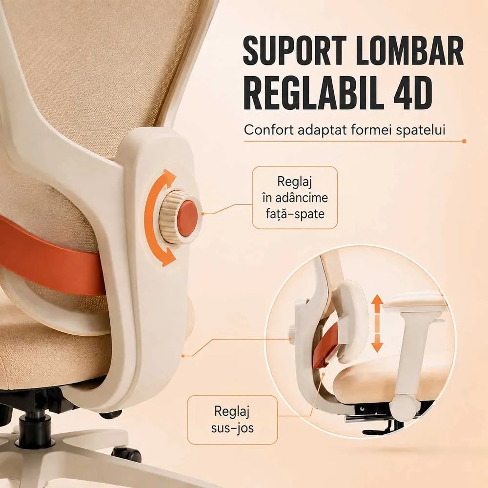 Scaun ergonomic din mesh cu tetieră reglabilă și suport lombar reglabil SYYT 9523 crem