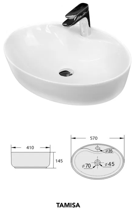 Lavoar pe blat Fluminia, Tamisa, oval, 57 x 41 cm, alb