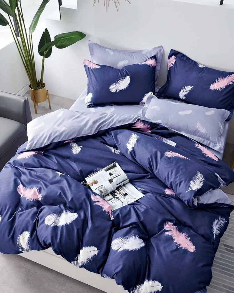 Lenjerie de pat cu 2 fete, policoton, 4 piese, pat 2 persoane, indigo, R4-483