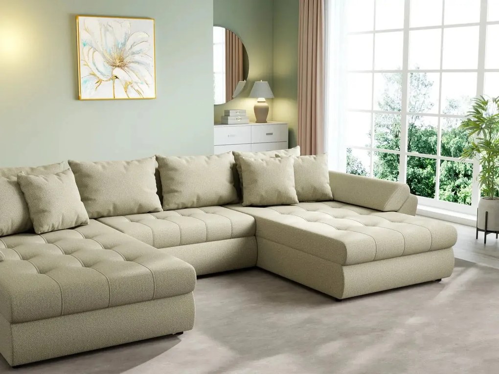 Colțar extensibil dumonde cu ladă de depozitare si sezut confortabil din spuma high-density, Loana U Enjoy Camel 355x185 cm