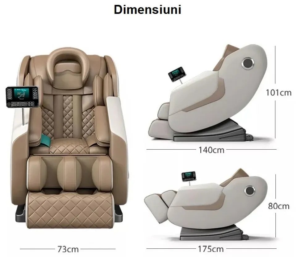 RESIGILAT- Fotoliu de Masaj GAIUS, Masaj role, Masaj airbaguri, Incalzire, Bluetooth, Zero Gravity, 2 Boxe, Moduri Automate, Reflexoterapie si Presopunctura, Display, Suport picioare extensibil, Piele Ecologica, Bej