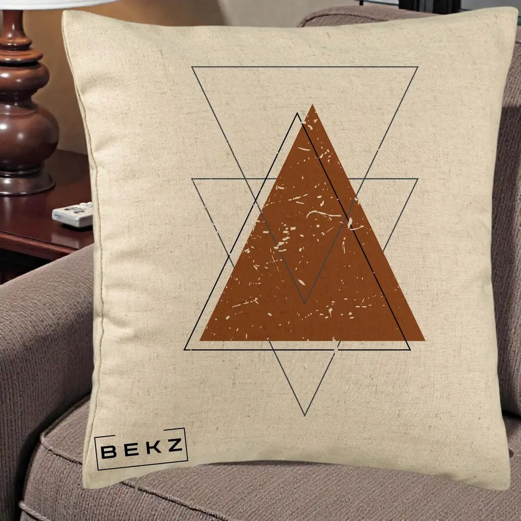 Perna Decorativa Geometric Triunghiuri Sacred, 40x40 cm, Bej, Husa Detasabila, Perna Inclusa, BEKZ®