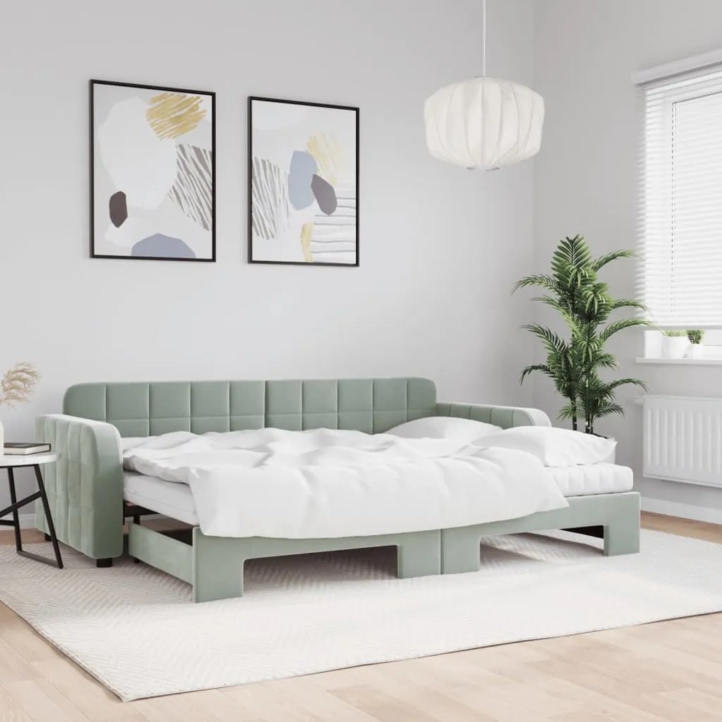 vidaXL Pat de zi cu extensie și saltele, gri deschis 80x200 cm catifea