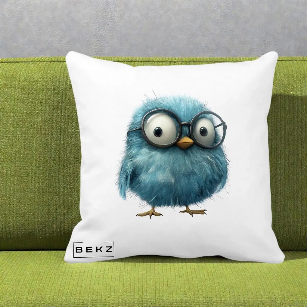Perna Decorativa Pui Pufos Teal cu Ochelari, 40x40 cm, Alba Mata, Husa Detasabila, Perna Inclusa, BEKZ®