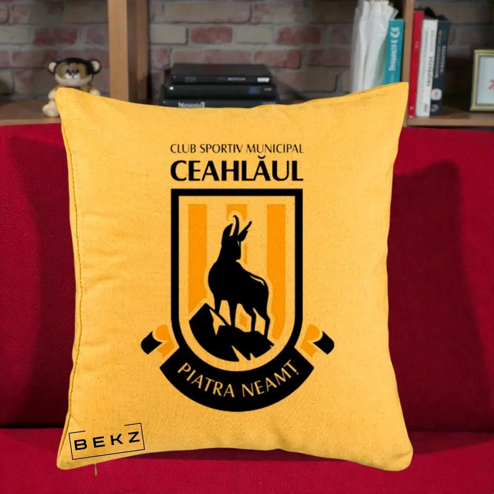 Perna Personalizata CSM Ceahlaul Piatra Neamt Fotbal, 40x40 cm, Galben, Husa Detasabila, Perna Inclusa, BEKZ®