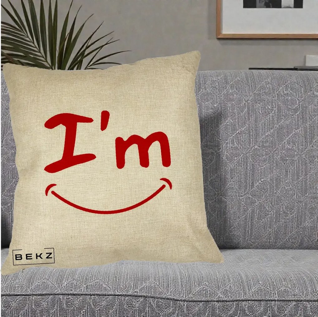 Perna Decorativa I'm Happy Smile, 40x40 cm, Crem, Husa Detasabila, Perna Inclusa, BEKZ®