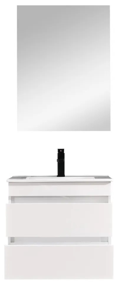 Mobilier de baie Cube 60 cm cu lavoar ceramic (2 sertare) și oglindă 60x80 cm vopsit în alb lucios