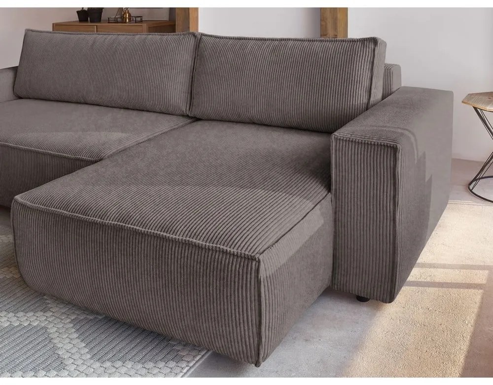 Colțar taupe extensibil/cu spațiu de depozitare cu tapițerie din catifea reiată Nihad – Bobochic Paris