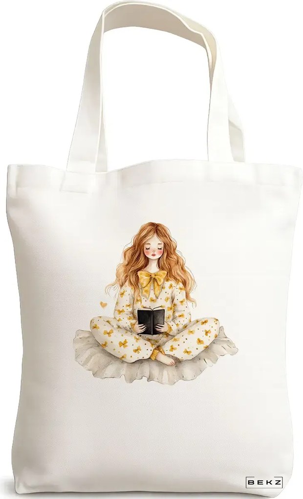 Sacosa de Panza pentru Cumparaturi, Geanta Tote, model The bookie girl 38 x 34.5 cm, Alba, BEKZ®