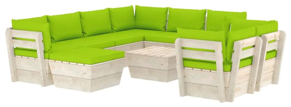 Set mobilier gradina din paleti cu perne, 10 piese, lemn molid verde aprins, 5x colt + 3x mijloc + masa + suport pentru picioare, 1