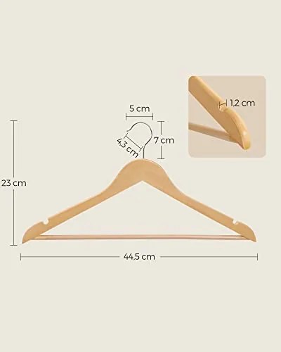 Set de 10 umerase din lemn, Songmics, Natural-Argintiu, 44.5x23x1.2 cm