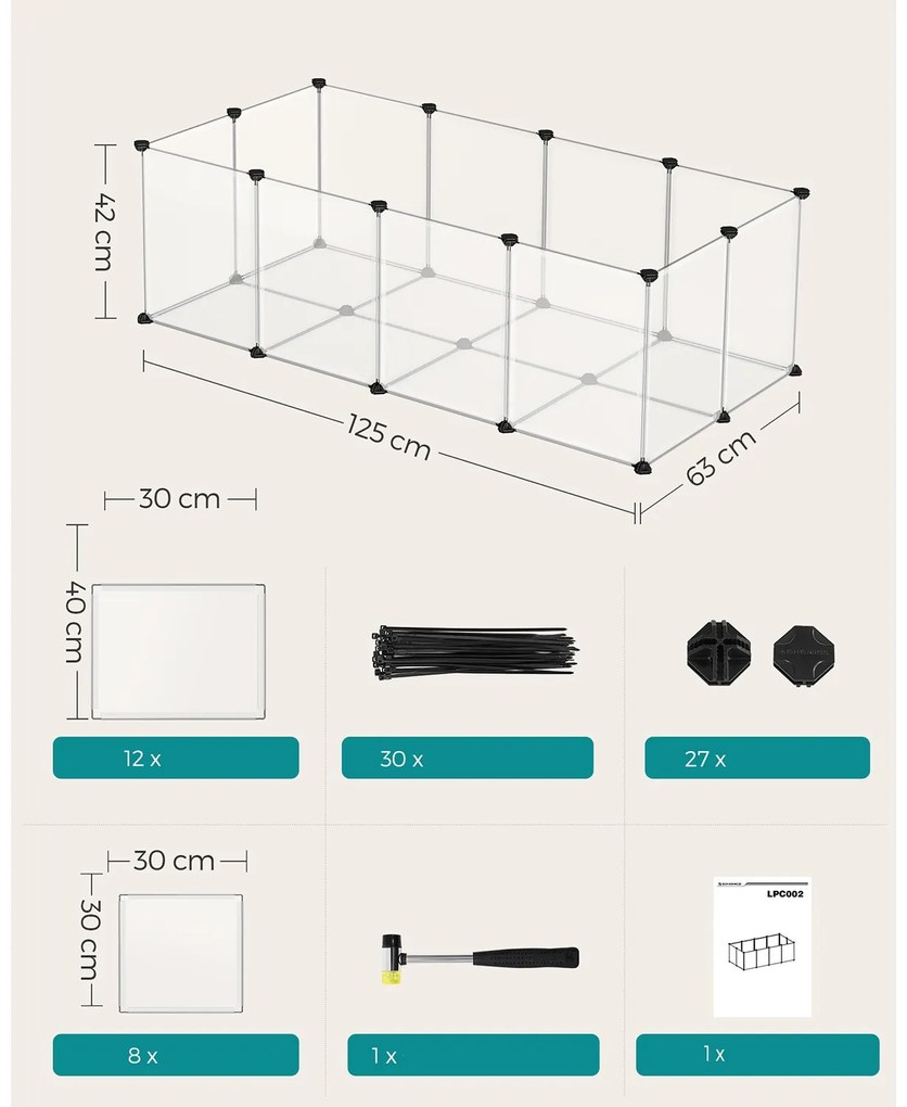 SongmicsHome Țarc pentru animale mici din plastic transparent BEN, 125x63x42 cm, transparent