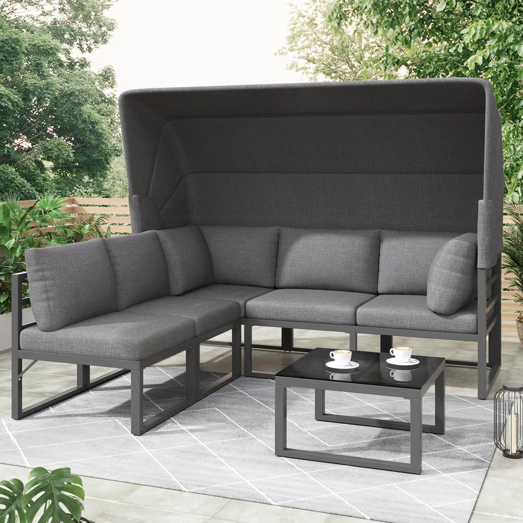 Set de mobilier de grădină din 4 piese, canapea cu trei locuri cu marchiză, 2 fotolii individuale și măsuță de cafea, Gri
