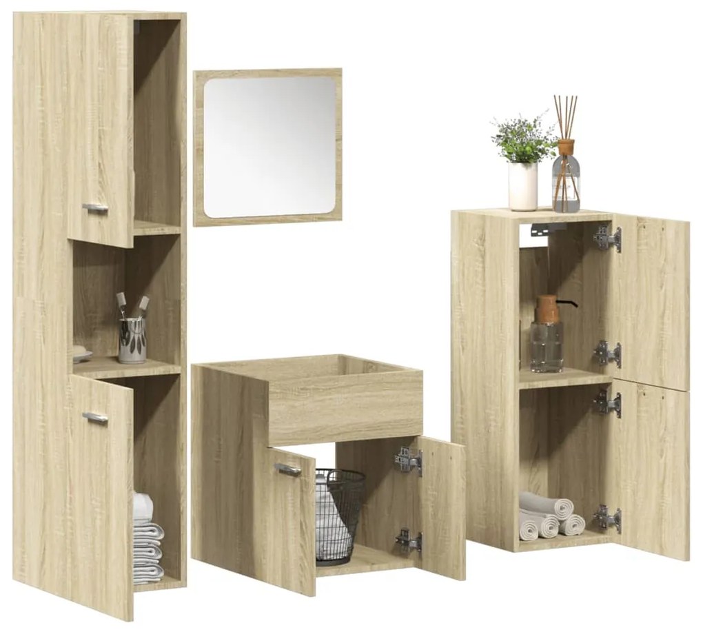 vidaXL Set mobilier de baie, 4 piese, stejar sonoma, lemn prelucrat