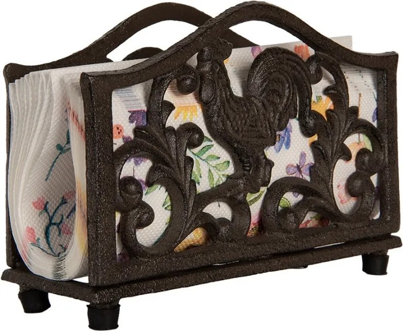 Suport pentru șervețele din fontă maro, cu motiv cocoș, „Le Coq Rustique” – 17x6x12 cm