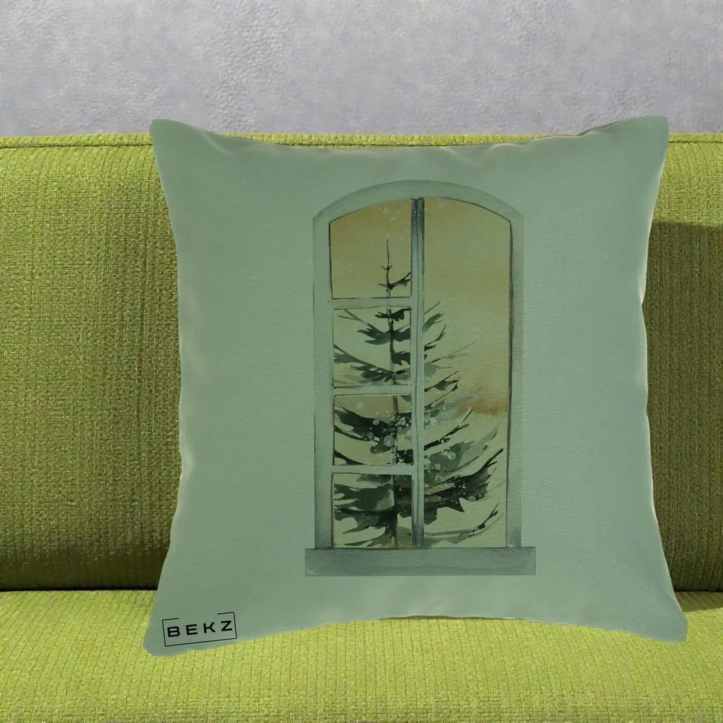 Perna Decorativa Fereastra cu Brad de Iarna, 40x40 cm, Verde, Husa Detasabila, Perna Inclusa, BEKZ®