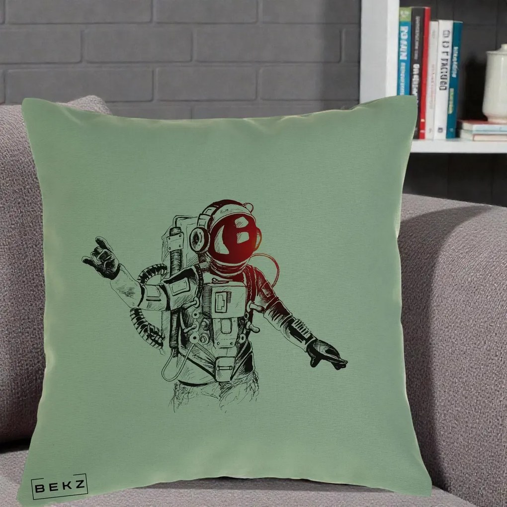 Perna Decorativa Astronaut Rock Sketching, 40x40 cm, Verde, Husa Detasabila, Perna Inclusa, BEKZ®