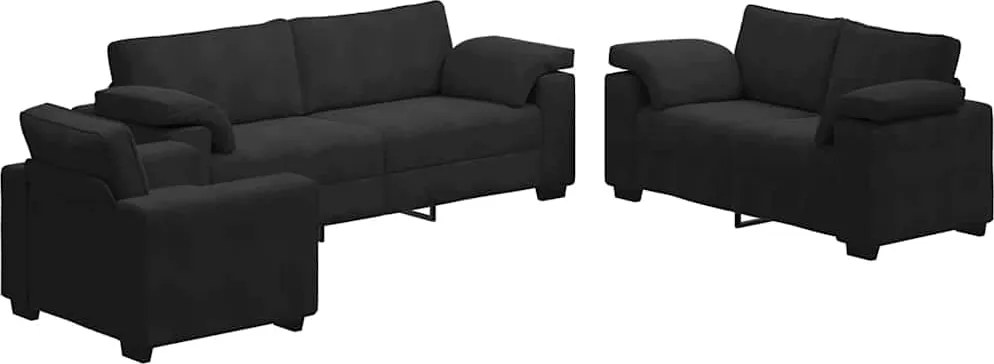 vidaXL Set de canapele cu perne, 3 piese, negru, catifea