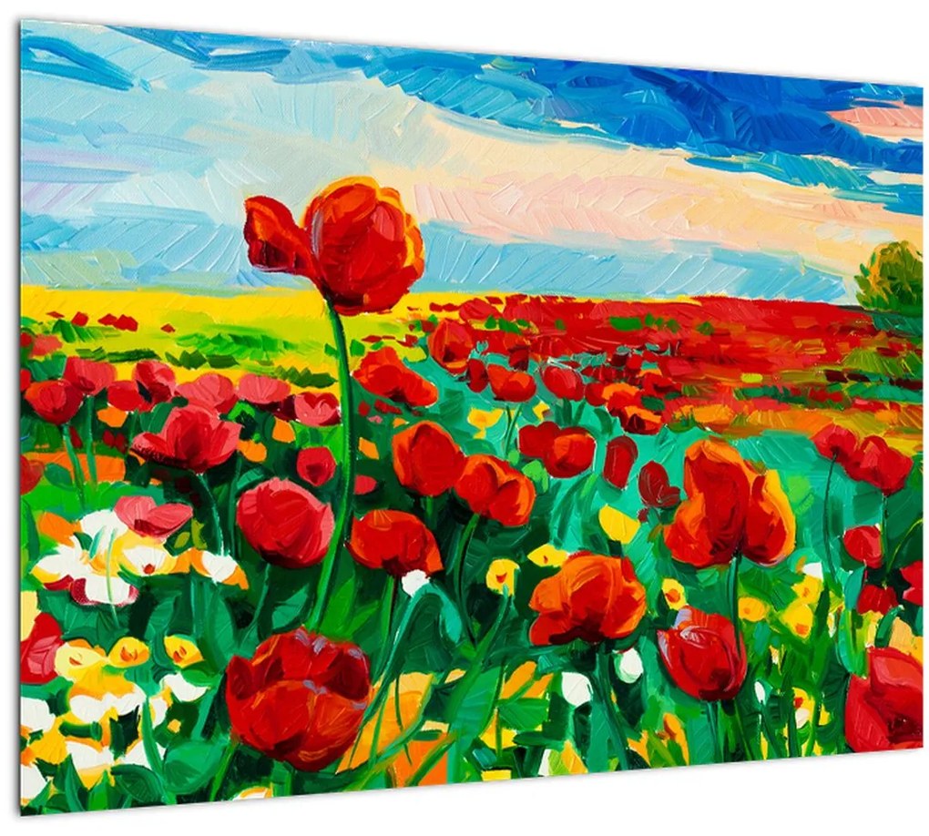 Tablou pe sticlă - Câmp cu maci (70x50 cm)