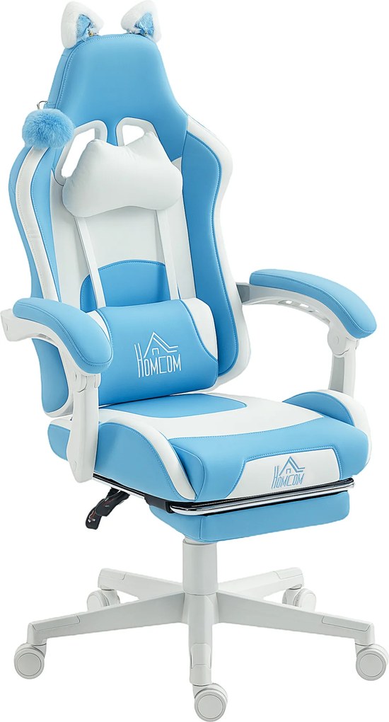 HOMCOM Scaun de gaming reclinabil cu suport pentru picioare și perne, 65x62x124 cm, alb și albastru | Aosom Romania