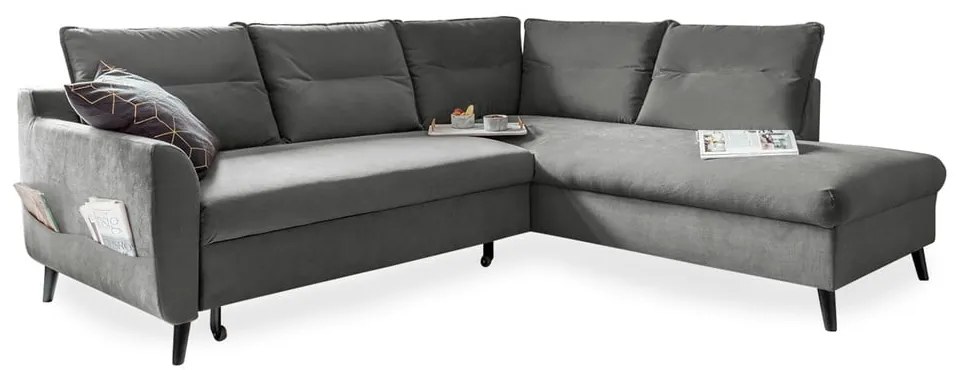 Colțar extensibil din catifea cu șezlong pe partea dreaptă Miuform Stylish Stan L, gri deschis