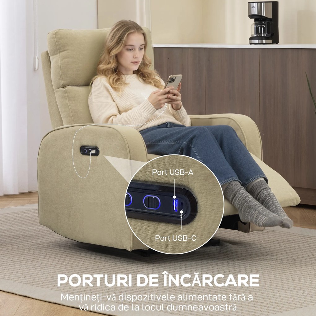 HOMCOM Fotoliu Relax Electric Reclinabil 135° cu Suport pentru Picioare, Tetieră Reglabilă, Șezut Spațios, Fotoliu Tapițat, Motoare Duble, Porturi USB și USB-C, Catifea Bej, Living | Aosom Romania