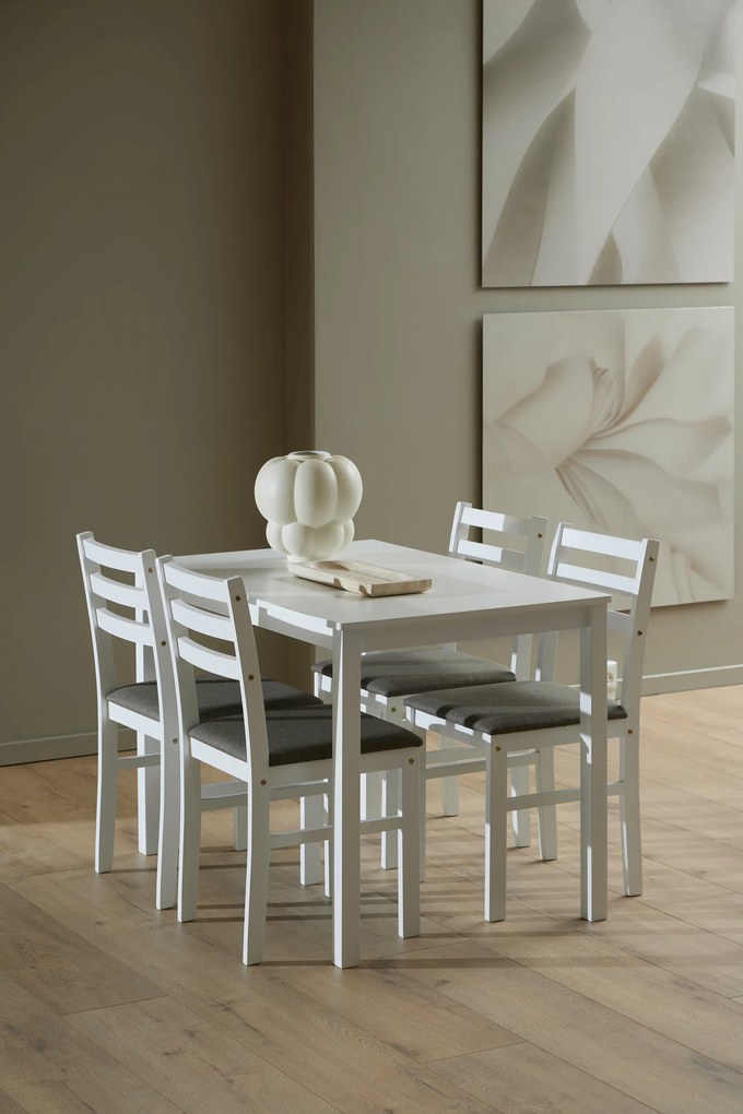 MAZZONI EXPORT Set TORINO masă + 4 scaune Alb/Gri deschis (material Sawana 21) - SET DE LEMN PENTRU BUCĂTĂRIE/SUFRAGERIE