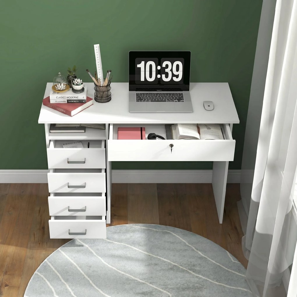 HOMCOM Birou Modern cu 5 Sertare, Birou cu Sertare și Compartiment Deschis pentru Biroul de Acasă și Studiu, 110x50x76 cm, Alb | Aosom Romania