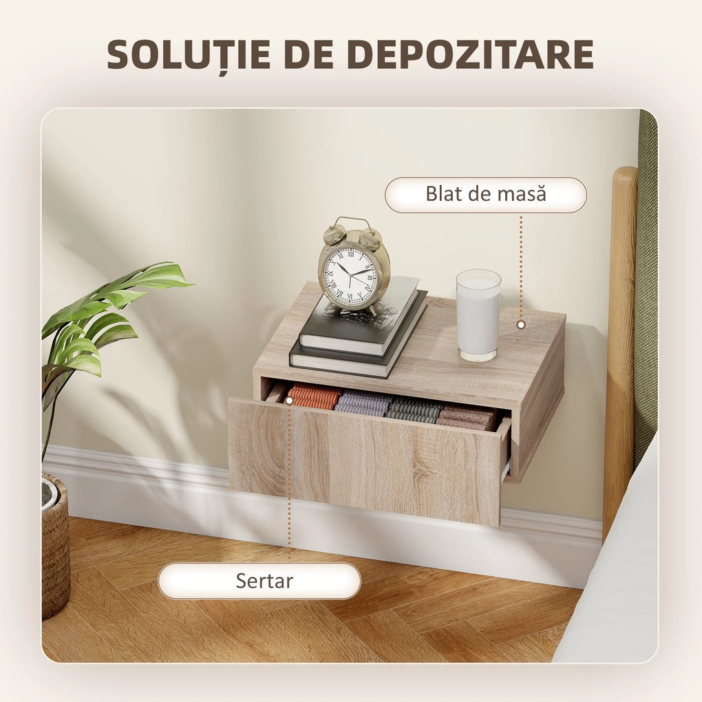 HOMCOM Set de 2 Noptiere Suspendate cu Sertar, Pereche de Noptiere Moderne din Lemn, Mese Laterale pentru Canapea, Living și Dormitor, 40x30x15 cm, Stejar | Aosom Romania
