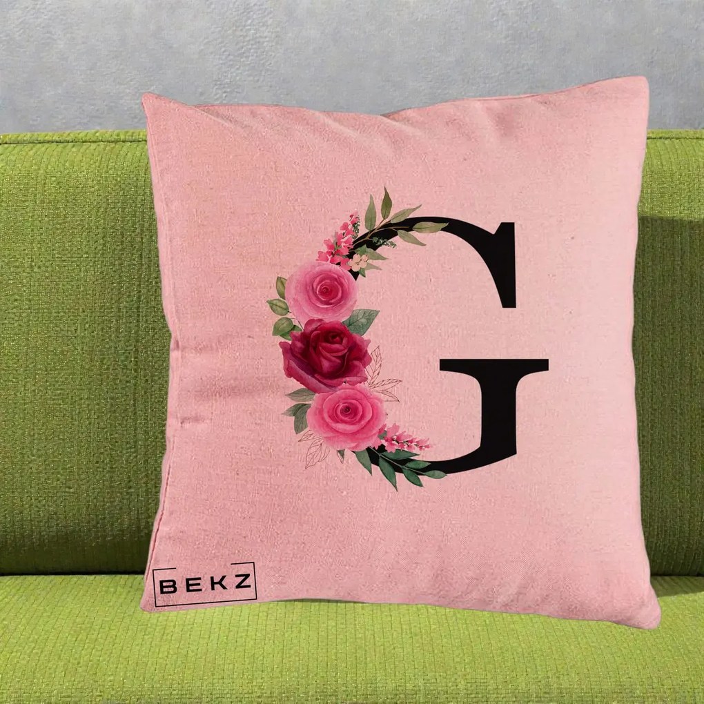 Cadou Personalizat - Perna Personalizata Monograma Florala Litera G, 40x40 cm, Roz, Husa Detasabila, Perna Inclusa, BEKZ®