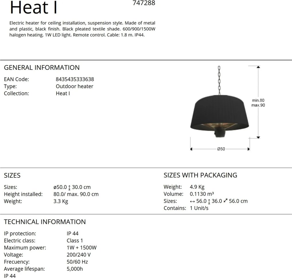 Încalzitor electric suspendat de terasa exterior cu iluminat si telecomanda IP44 Heat I