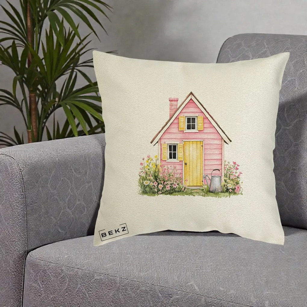 Perna Decorativa Casuta Roz Acuarela cu Gradina, 40x40 cm, Ecru, Husa Detasabila, Perna Inclusa, BEKZ®