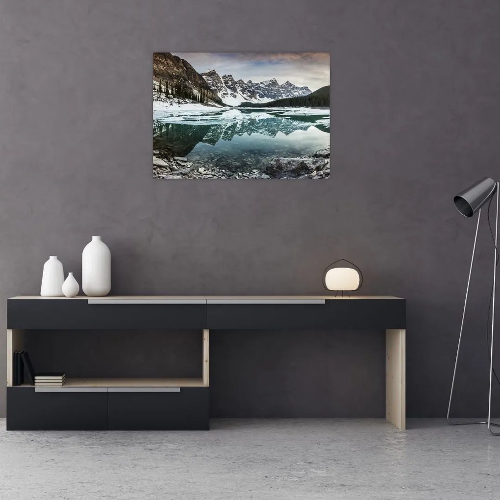 Tablou pe sticlă - lacul iarna (70x50 cm)