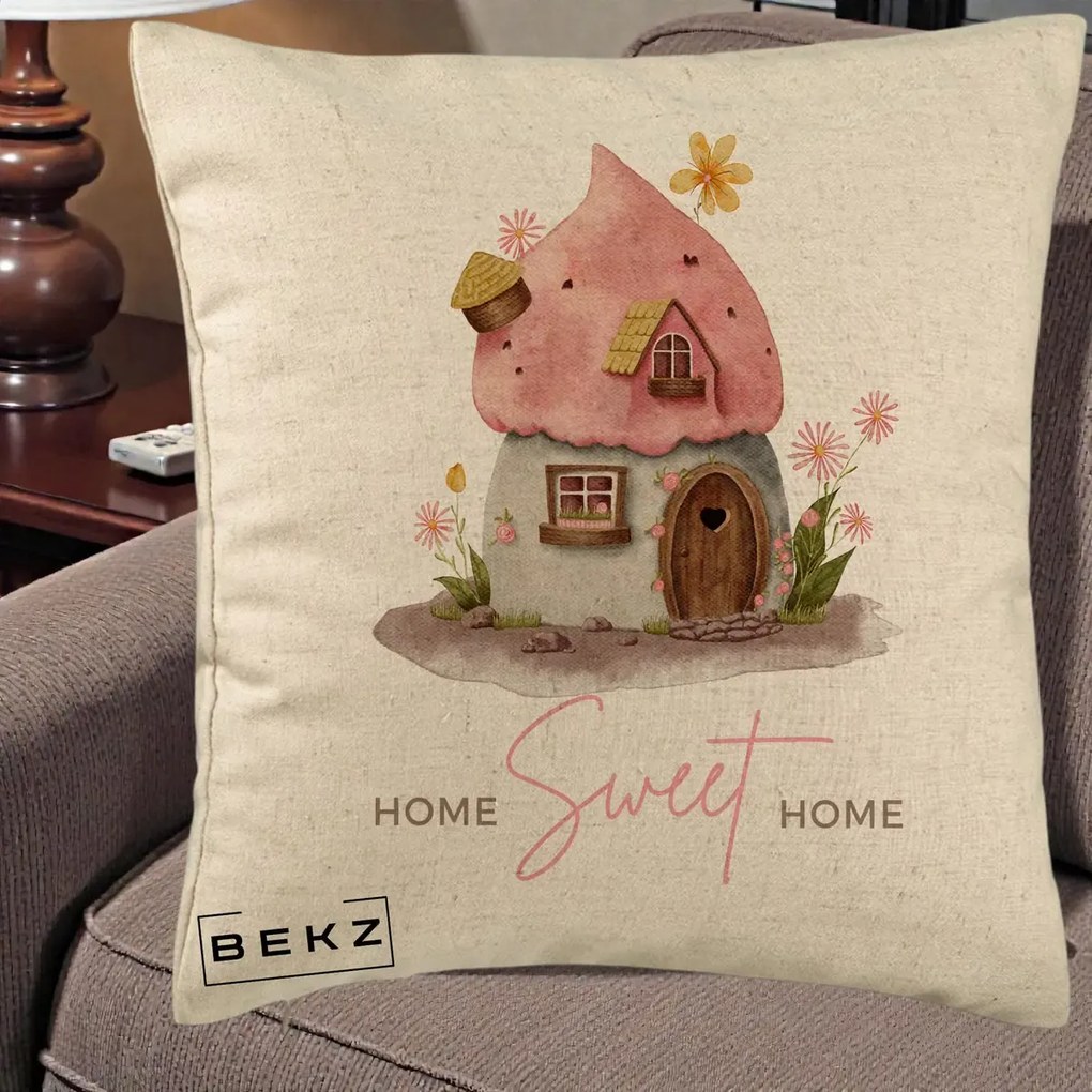 Perna Decorativa Home Sweet Home Casuta, 40x40 cm, Bej, Husa Detasabila, Perna Inclusa, BEKZ®