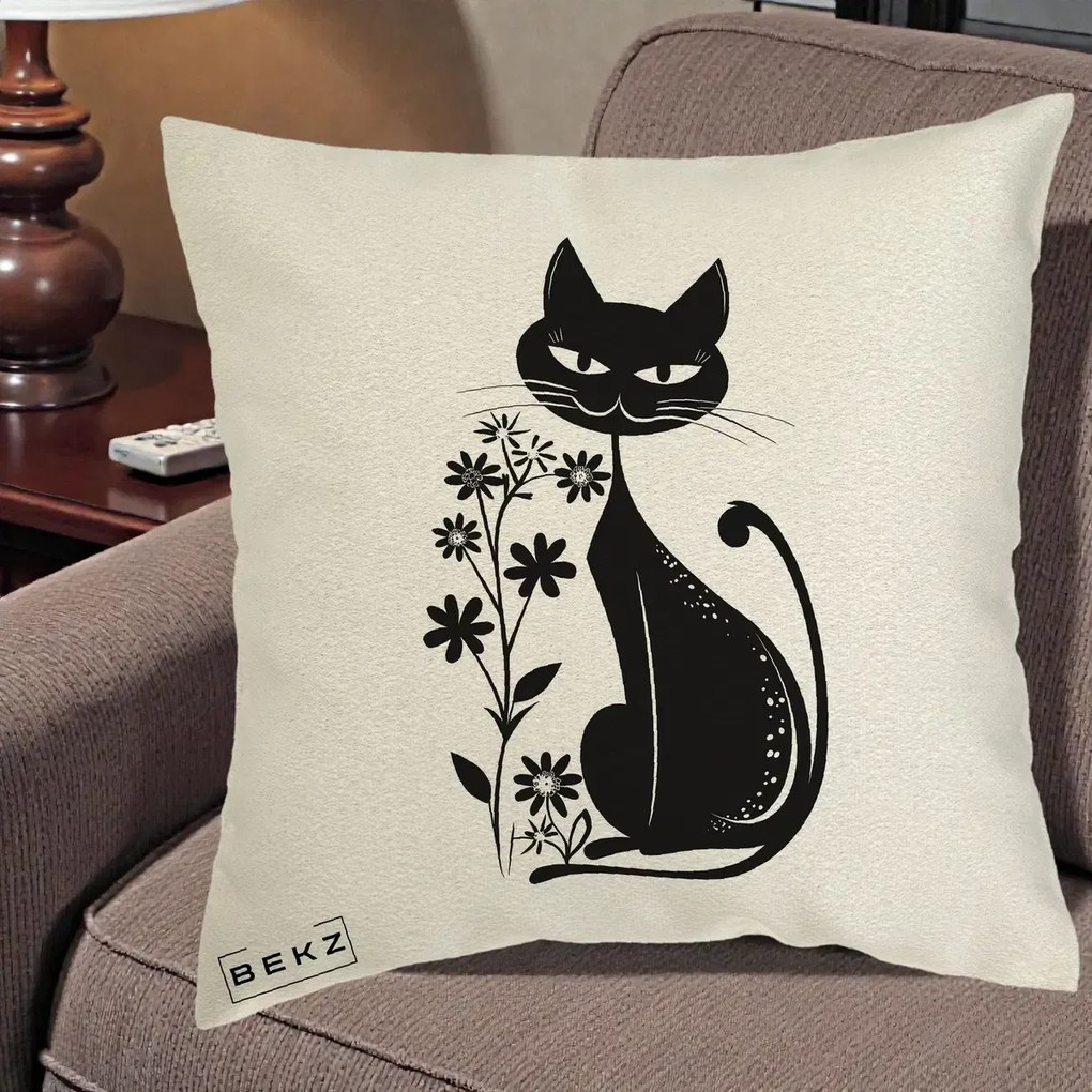 Perna Decorativa Pisica Neagra Grafica Minimalista, 40x40 cm, Ecru, Husa Detasabila, Perna Inclusa, BEKZ®