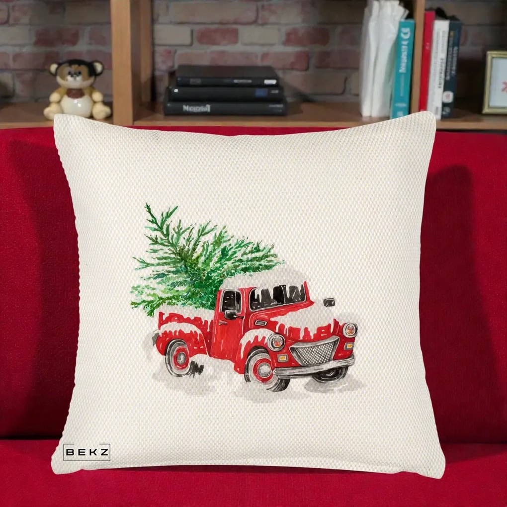 Perna Decorativa Camioneta Rosie Brad de Craciun, 40x40 cm, Crem Reliefat, Husa Detasabila, Perna Inclusa, BEKZ®