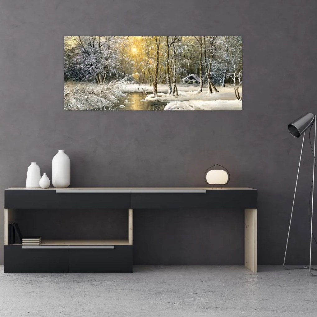 Tablou - Cabană în pădure, pictură în uei (120x50 cm)