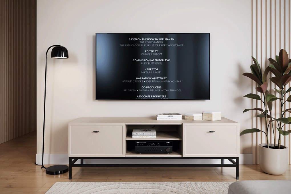 Comodă TV Lorini 150 cm cu sertare - culoare cașmir / mânere tip T-bar și cadru negre