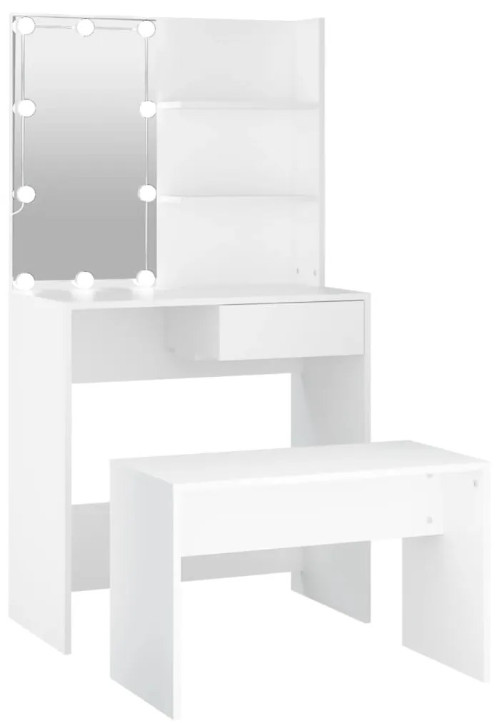 3114107 vidaXL Set măsuță de toaletă cu LED, alb, lemn prelucrat