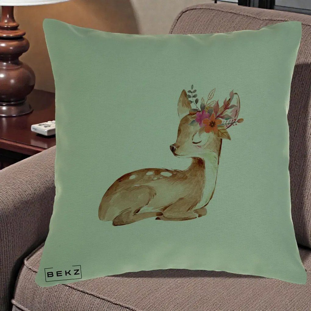 Perna Decorativa Caprioara cu Flori in Coama, 40x40 cm, Verde, Husa Detasabila, Perna Inclusa, BEKZ®