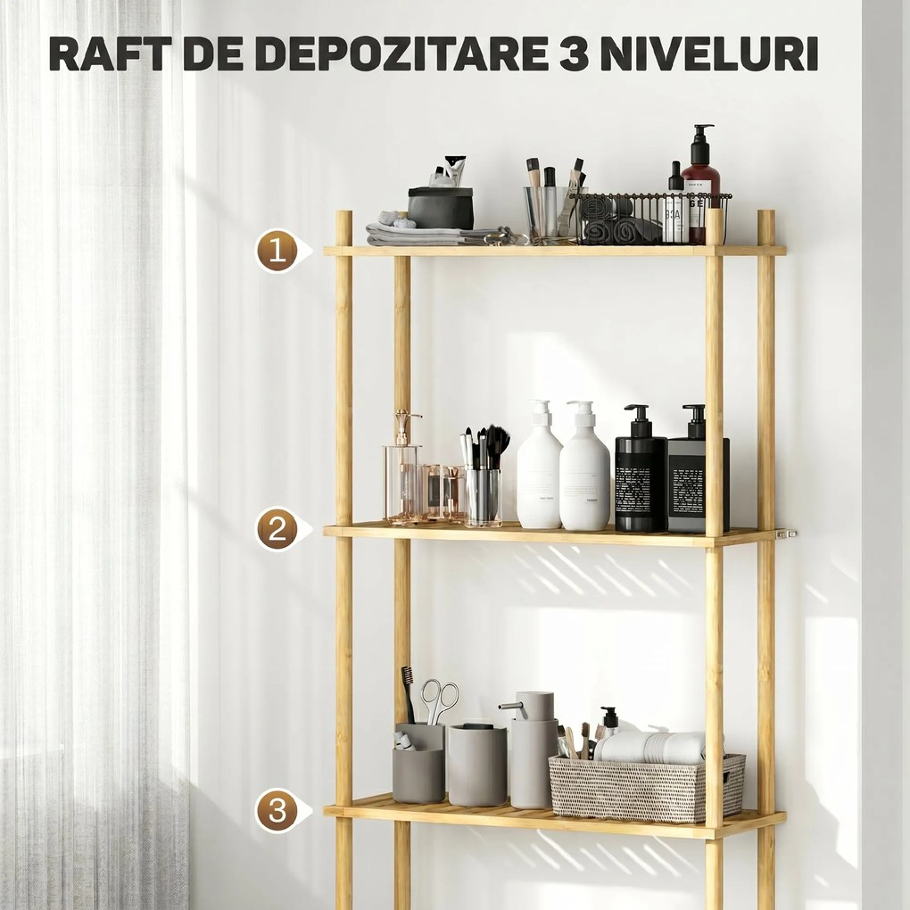HOMCOM Unitate de Depozitare Deasupra Toaletei din Bambus cu 3 Rafturi, 63,5x25,5x181 cm, Lemn Natural | Aosom Romania