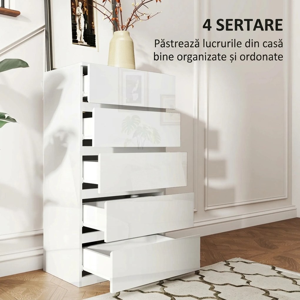 HOMCOM Comodă, Modernă și Anti-răsturnare, Dulap de Depozitare cu 5 Sertare din Pal Melaminat, 55x33x100 cm, Alb Lucios | Aosom Romania