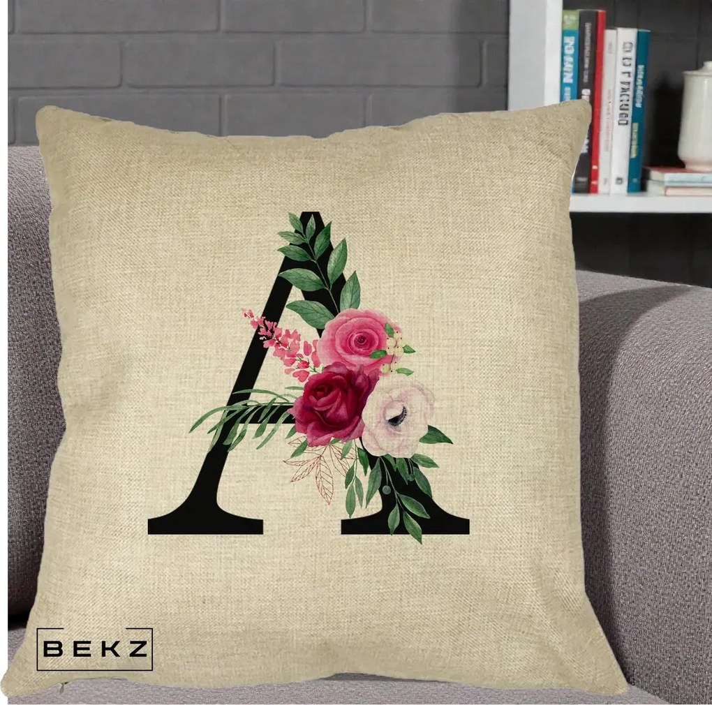 Cadou Personalizat - Perna Personalizata Monograma Florala Litera A, 40x40 cm, Crem, Husa Detasabila, Perna Inclusa, BEKZ®