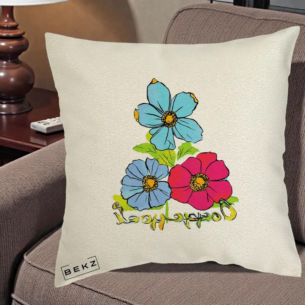Perna Decorativa Trei Flori Grafice Pop Art, 40x40 cm, Ecru, Husa Detasabila, Perna Inclusa, BEKZ®